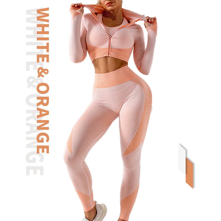 3PCS Seamless Knitted Yoga Suit Set Four Seasons Universal Hip Lift Fitness Sports Suit Gym Running Trousers Vest Long-sleeved Jacket Three-piece Set