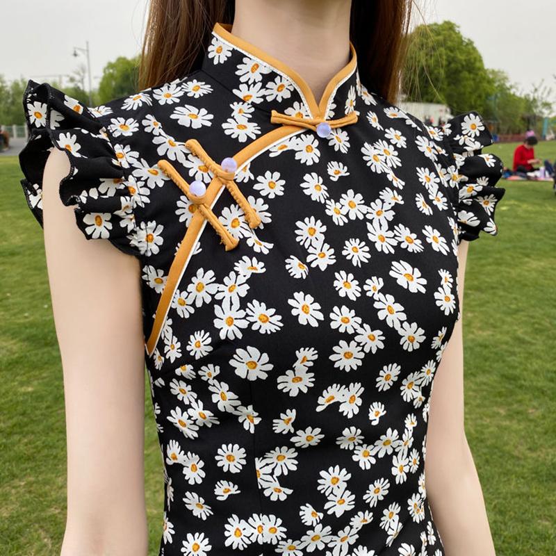 Little Daisy Cheongsam Improved Dress Short Floral Sexy Small Young Girl Daily Wear