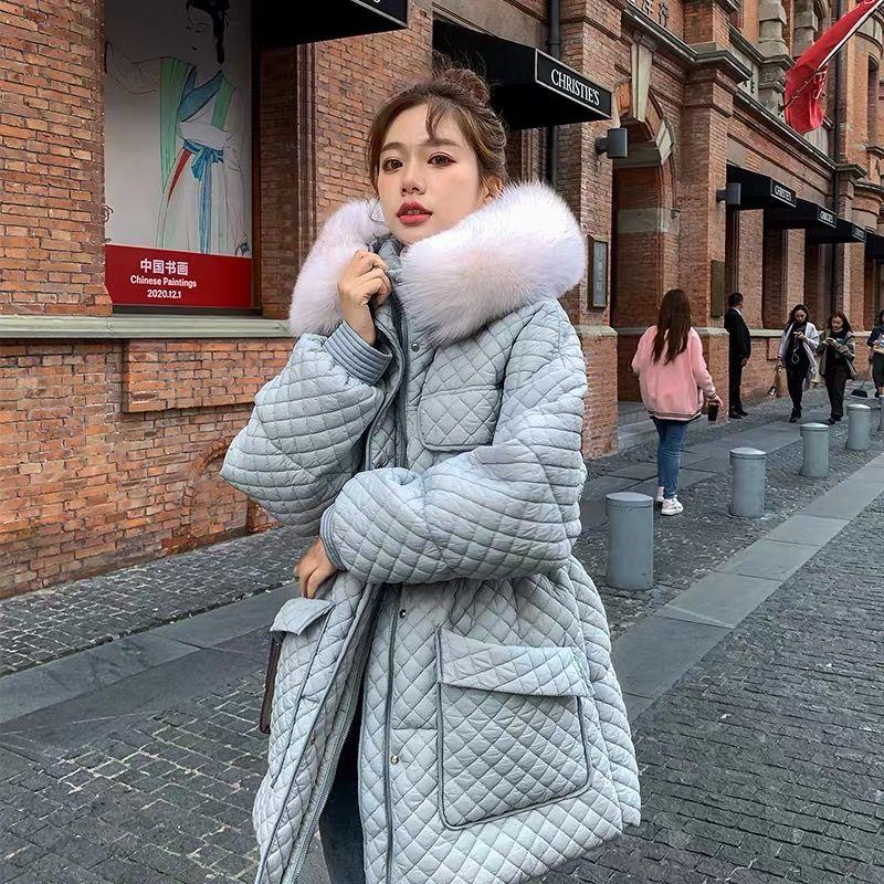 Down Jacket Women's Fluffy Big Fur Collar Hooded Loose Casual White Warm Down Jacket Winter Slim Thick Mid-length Over-the-knee Cotton Jacket