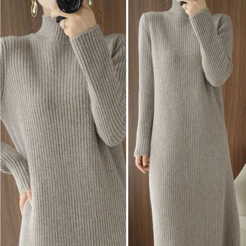 Sweater Dress Women's Half Turtleneck Pullover Knitwear Mid-length Over The Knee Loose Top Trending Sweater Dress Autumn Winter