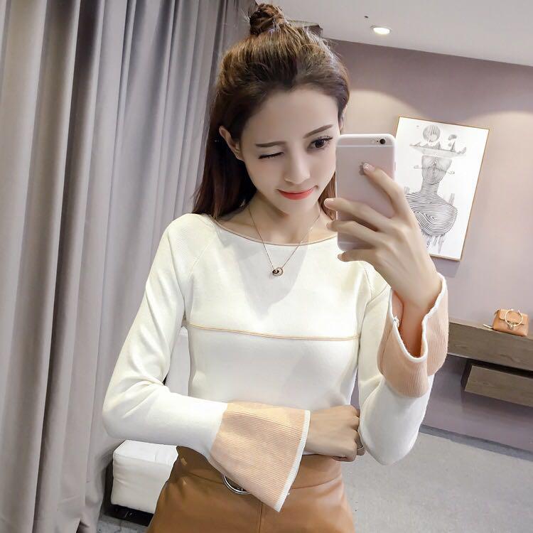 Pofulove flared sleeves hit color wild round neck jumper long sleeve bottoming sweater women