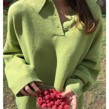 Pofulove Solid Color POLO Collar Sweater Jacket Female Autumn Winter College Style Sweater