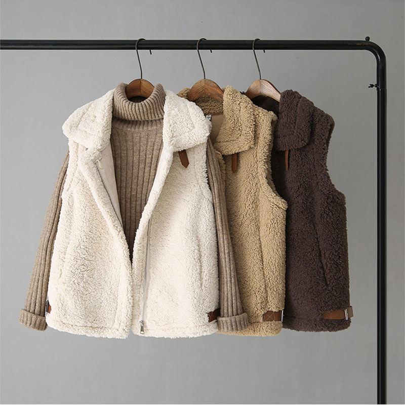 Lamb Plush Vest Women's Outer Wear Vest All-match Fur One-piece Waistcoat Vest Jacket Stand-up Collar Sleeveless Zipper Jacket