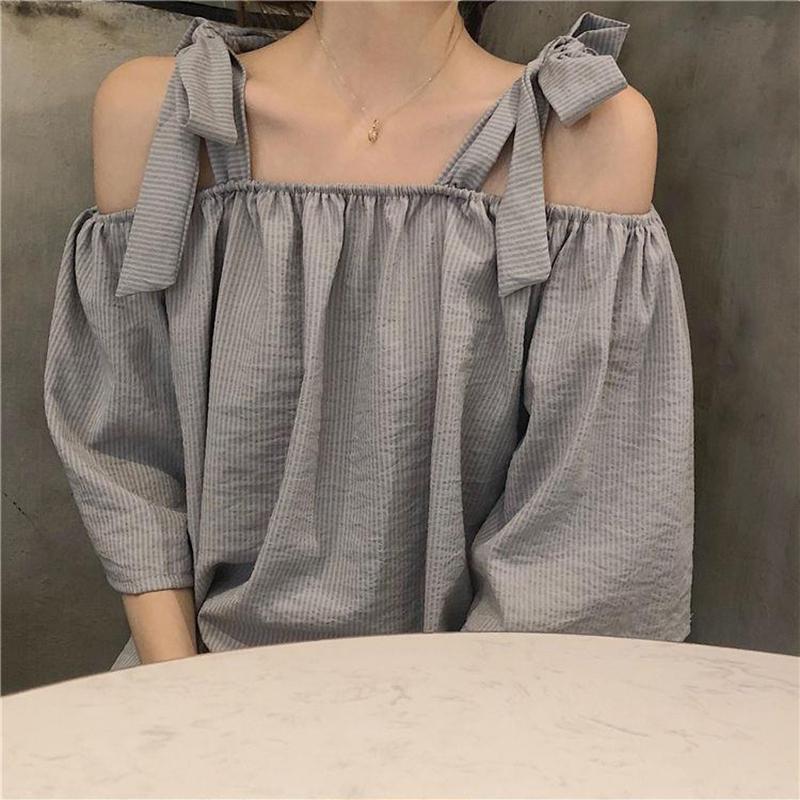 Striped Shirt Women's Lace-up Short-sleeved Shirt Loose One-shoulder Top Chiffon Loose Sweet and Elegant Ladies Off-shoulder Shirt