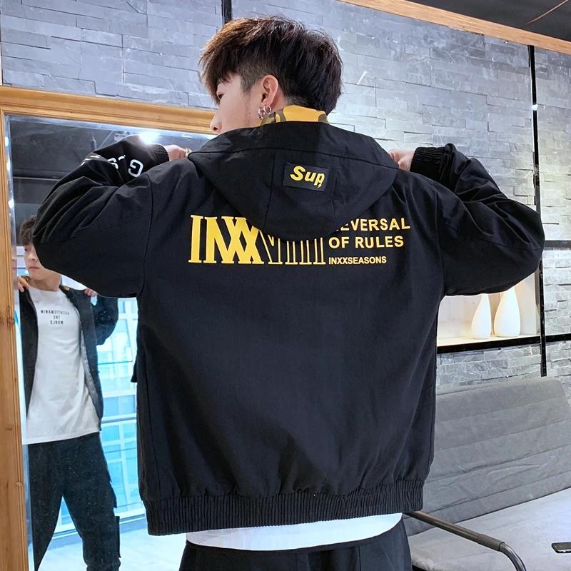 Men's Hooded Cotton Casual Jacket Spring and Autumn Zipper Jacket Korean Style Streetwear Clothes Loose Letter Printing Hood Jacket Outdoor Outfit