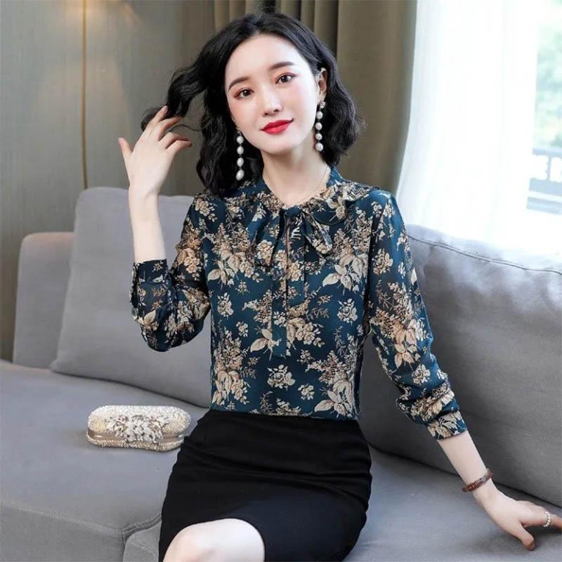 Floral Chiffon Shirt Shirt Ladies Mom Long Sleeve Top Covering Meat Foreign Style Commuter