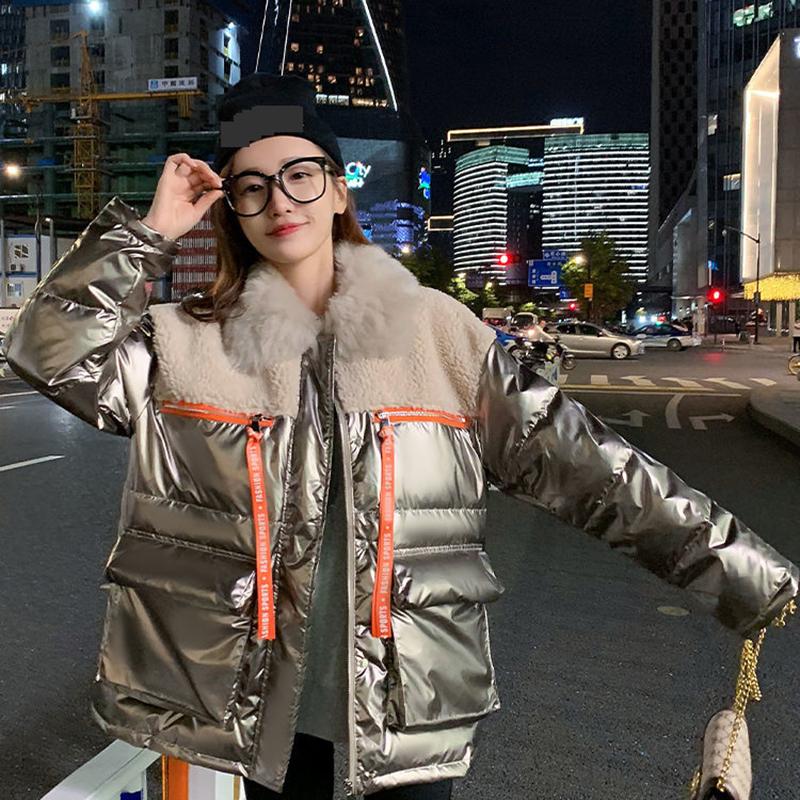 Women's Winter Korean Style Loose Quilted Coat Warmth and Thick Stand-up Collar Down Jacket Women's Bright Surface Regular Down Jacket with Fur Collar