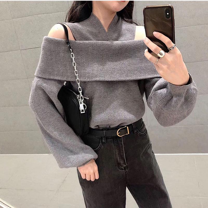 Off Shoulder Sexy One-neck Blouse Loose Knit Bottoming Shirt Fashion Outer Wear Spring and Autumn Jacket