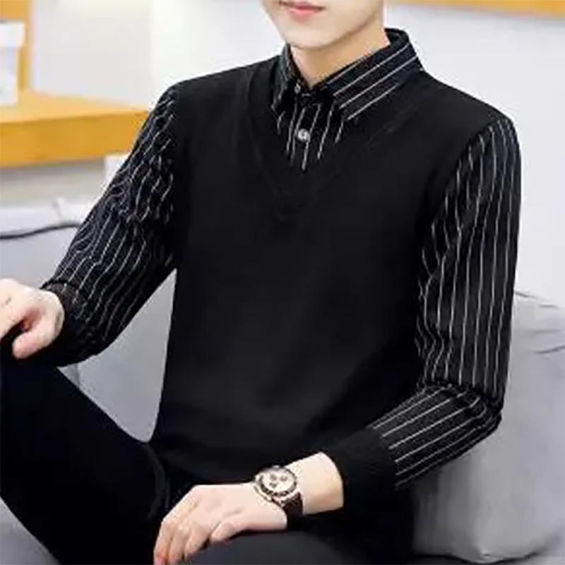 Plus Velvet Autumn and Winter Men's Sweater Fake Two-piece Sweatshirts Trend Slim Knit Sweater Solid Color Wool