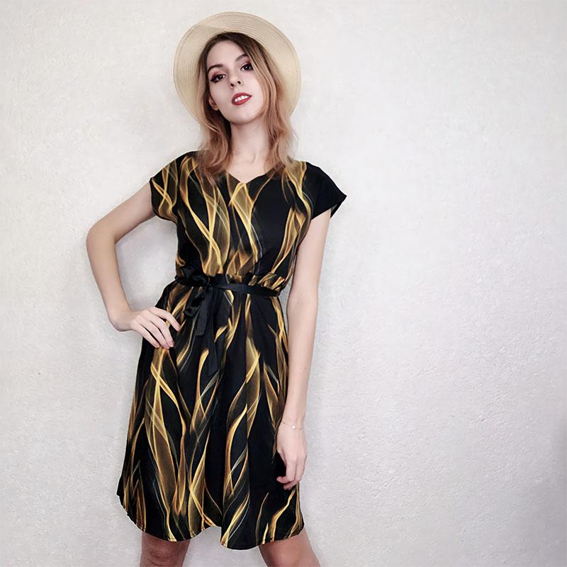 Imitation Silk Dress Female Mid-length Short-sleeved Summer New Style Small Striped Imitation Mulberry Silk Printed Skirt