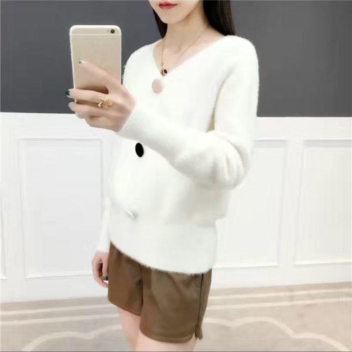 Imitation Mink Sweater Women V-neck Furry Knit Sweater Coat Autumn and Winter Knitted Jumper Top