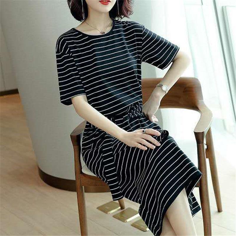 Summer Women Round Neck Enough Stock Short-sleeved Dress Black White Striped Dresses Casual Elegant Sheath Slim Dress