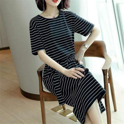 Summer Women Round Neck Enough Stock Short-sleeved Dress Black White Striped Dresses Casual Elegant Sheath Slim Dress