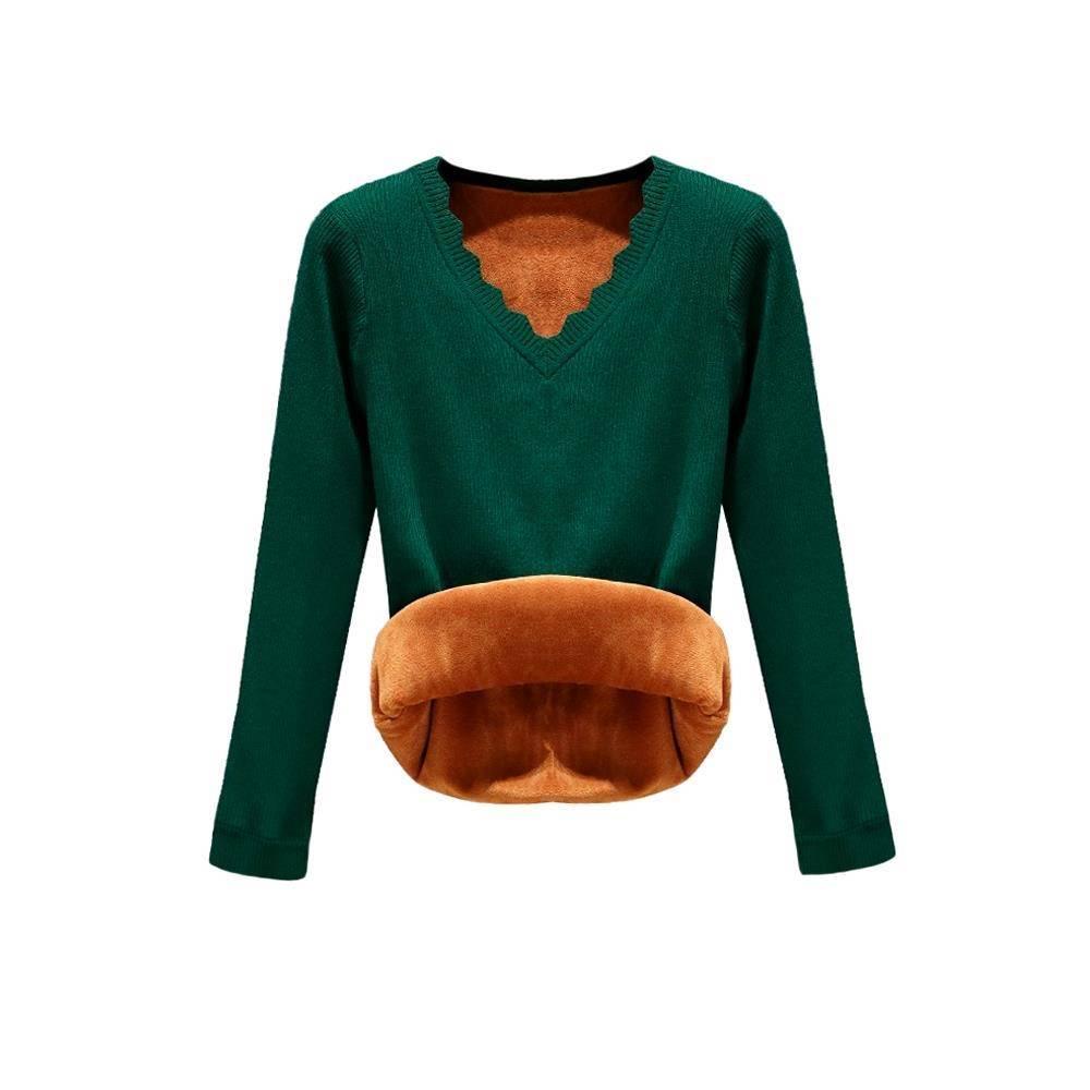 Pofulove Autumn Winter Plus Velvet Sweater Women V-neck Hedging Thick Low-neck Knitted Bottom Shirts