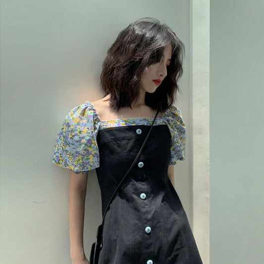 Female Summer Simple French Vintage Elegant Small Square Neck Floral Chiffon Splicing Puff Sleeve Short Dress