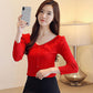 Pofulove V-neck pullover sweater slim long-sleeved solid color shirt shirt women winter retro fungus