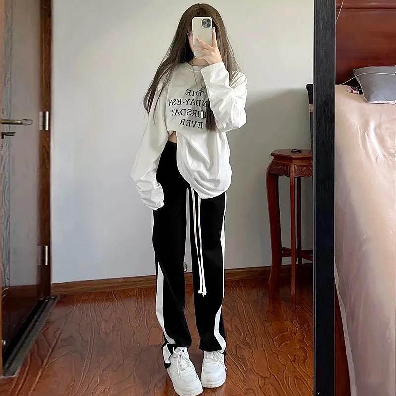 Black Bend Track Pants Women Loose Spring and Autumn Side Stripes Straight Casual Pants High Waist Pants Drape Wide-leg Pants