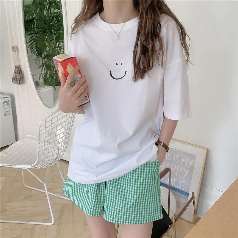 2PCS Ins Summer Smiley Print White T Short Sleeves + Plaid Shorts Pajamas Home Clothes Two-piece Suit Women Go Out Casual Suit Athletic Clothing Sets