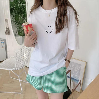 2PCS Ins Summer Smiley Print White T Short Sleeves + Plaid Shorts Pajamas Home Clothes Two-piece Suit Women Go Out Casual Suit Athletic Clothing Sets