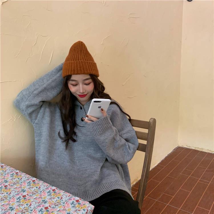 Pofulove Sweater Female Students  Loose Long-sleeved Knitted Winter New Candy-colored Hooded