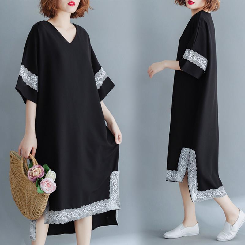 WTEMPO Women's Summer Dress Black Lace Large Size XL-XXXXL Loose Long V-neck Irregular