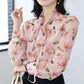 Women's Spring and Autumn Chiffon Print Loose Shirt Bow Long Sleeve Top