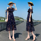 Pofulove XS-2XL Women O-neck Off Shoulder Print Chiffon Dress Slim Short-sleeved Long A-line Dress