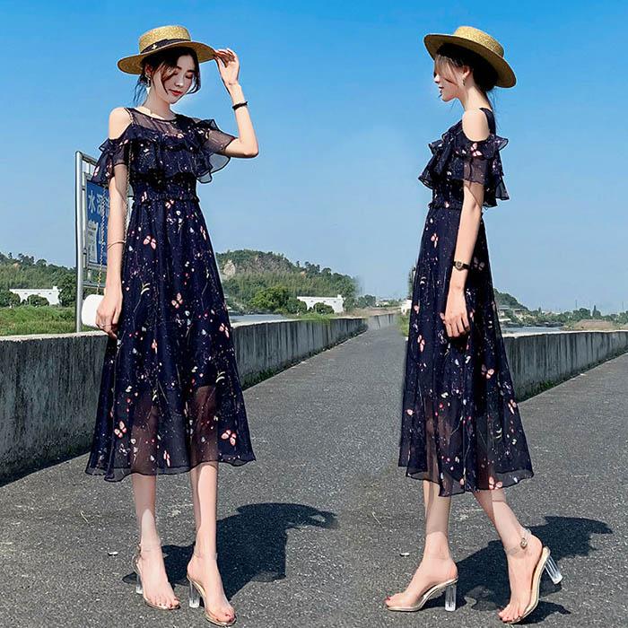 Pofulove XS-2XL Women O-neck Off Shoulder Print Chiffon Dress Slim Short-sleeved Long A-line Dress