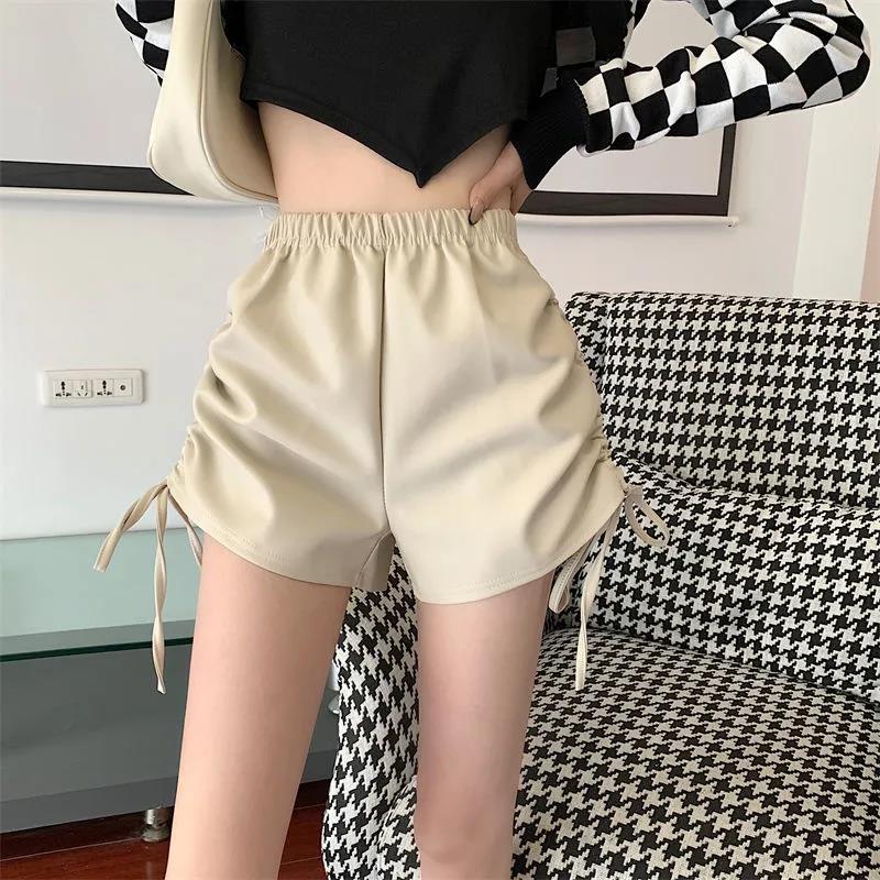 Leather Pants Women's Shorts Autumn and Winter Design Sense Drawstring Pure Desire Wind High Waist Thin A-line Casual Pants