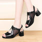 Soft Leather Fish Mouth Sandals Mesh Summer Mid-heel Comfortable Sandals Women's Soft-soled Work Shoes High-heeled Sandals