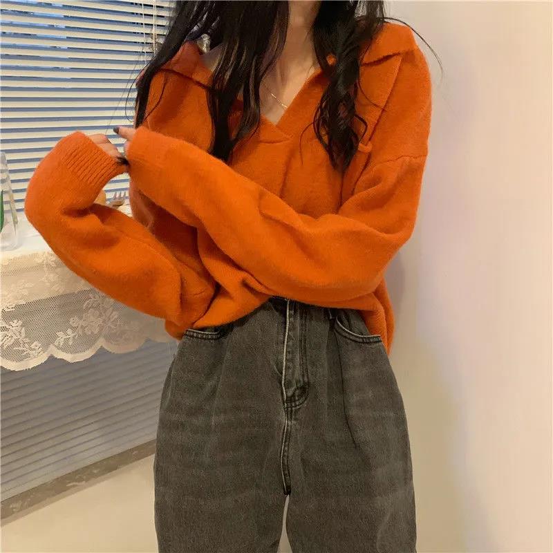 Autumn and Winter Students Lazy Wind V-neck Long-sleeved Sweater Loose Outer Wear Pullover Sweater Women