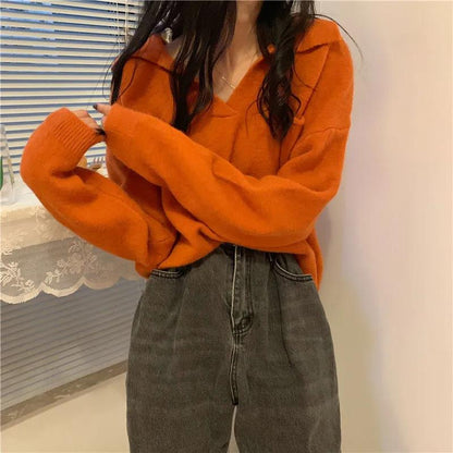Autumn and Winter Students Lazy Wind V-neck Long-sleeved Sweater Loose Outer Wear Pullover Sweater Women