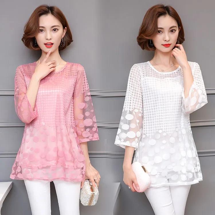 M-5XL Women Summer Blouses Shirt Chiffon Women Tops Plaid Half Sleeves Women Blouses Plus Size 4xl Blusas White Red Black Lace Solid Color Shirt