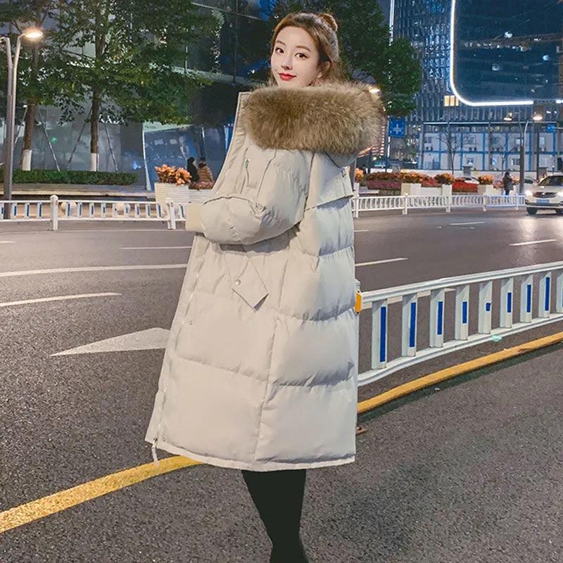Down Jacket Winter Korean Fashion Big Fur Collar Mid-length Hooded Thick Warm Large Size Jacket Suitable for Women