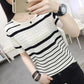 Summer Ice Silk T-Shirt Short Sleeve Ladies Knit Bottoming Shirt Thin Striped T-Shirt Versatile Loose Hollow Out Tops
