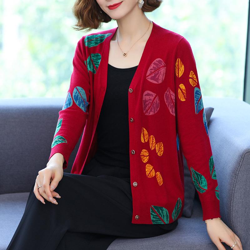 3D Leaf Printed Cardigan Women High-end Plus Size Cardigan  Short Knitted Jacket Wool Cardigan  Outer Wear