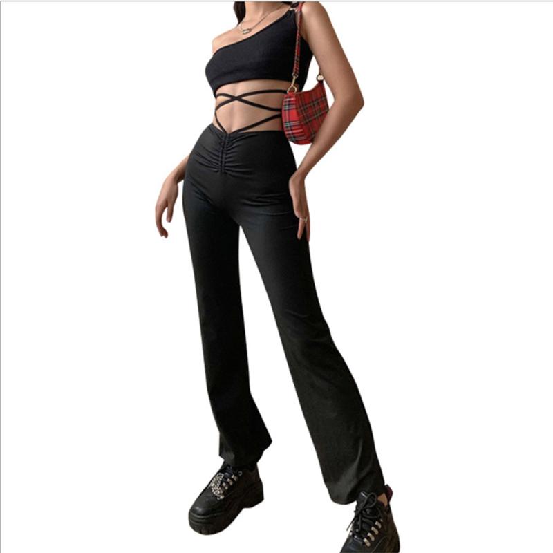 WTEMPO Tie trousers Women's Leggings High Waist Worn Outside Cotton Black Pants Tight Stretch Trousers