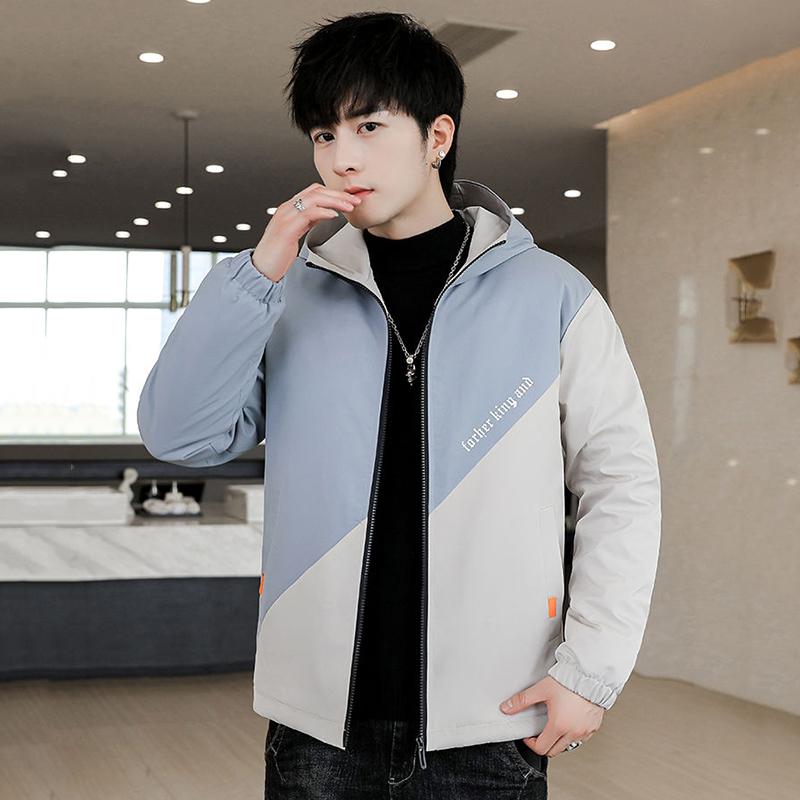 Thin Spring and Autumn Jacket Men's Handsome Loose Hooded Work Jacket Men's Temperament Short Long-sleeved Warm Zipper Jacket