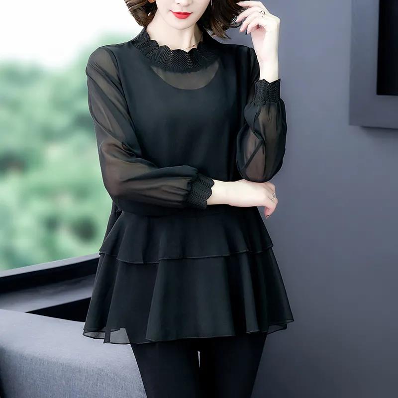 Spring Fall Sexy Women See Through Blouse Black Perspective Top Fashion Long Sleeve Transparent Sheer TShirt Pullover