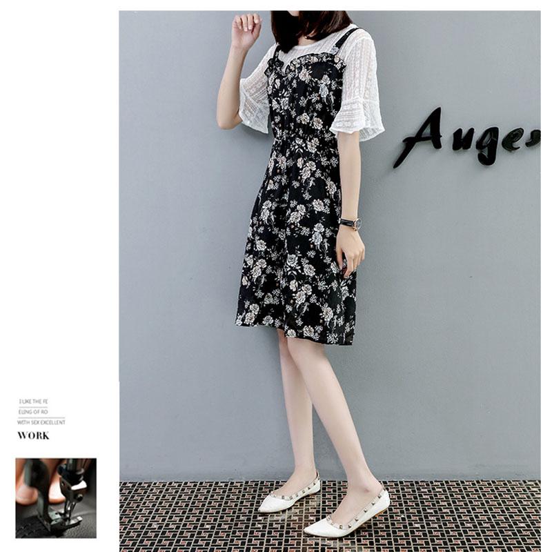 Bohemian Floral  Dress Plus Size Women Summer Slim Flare Sleeve Dress Midi Dress Fake Two-piece Dress
