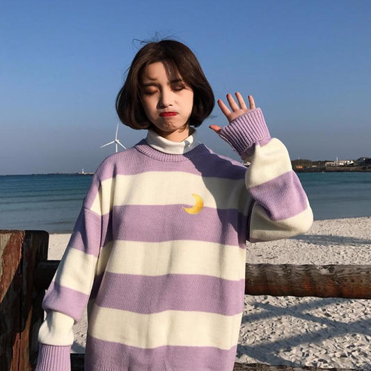 Pastel Lilac Sailor Moon Theme Knit Jumper, Candy Color Stripes Moon Sets Embroidery Sweater Harajuku Clothing, Kawaii Clothing Cute Sweater