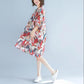 Large Size Women's Dress Loose and Thin Printing Retro Ethnic Style Women's Round Neck Short Sleeve Loose Mid-length Skirt Light and Breathable Fabric