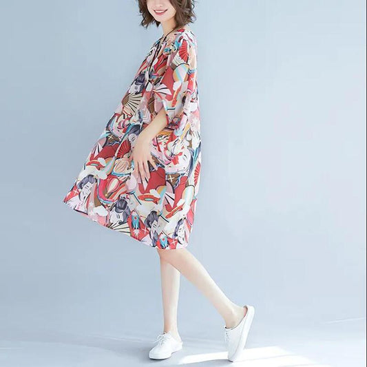 Large Size Women's Dress Loose and Thin Printing Retro Ethnic Style Women's Round Neck Short Sleeve Loose Mid-length Skirt Light and Breathable Fabric