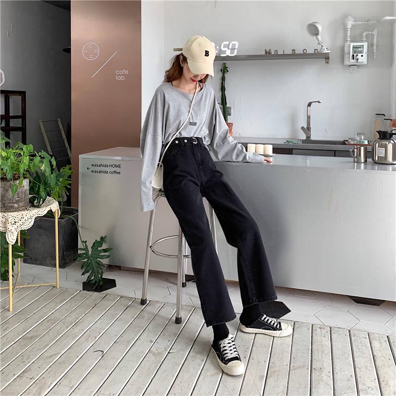 WTEMPO Spring New Thin Wide Leg Pants Female Students Wild High Waist Straight Black Denim Trousers Tide