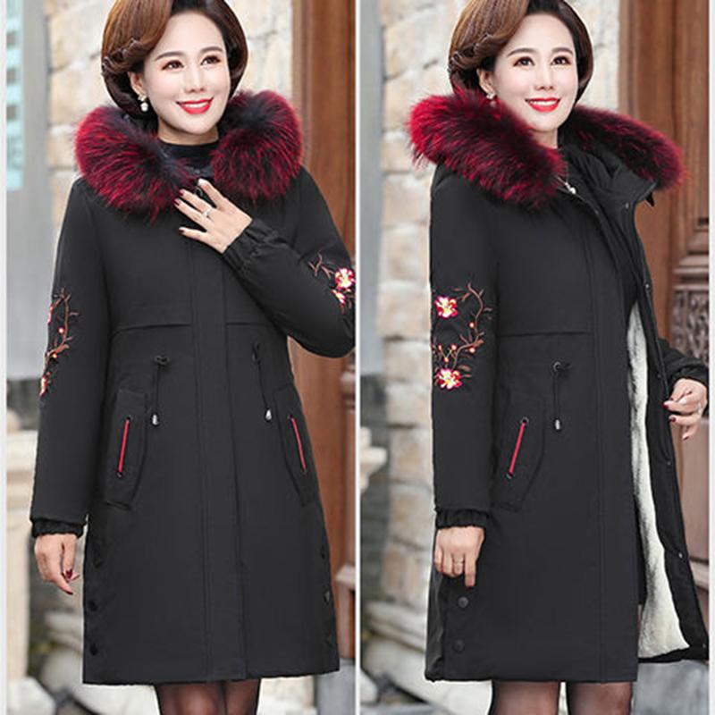 Women's Solid Color  Down Jacket Mid-length Korean Style Loose Thick Coat Warm Cotton Coat Large Fur Collar Winter Quilted Jacket