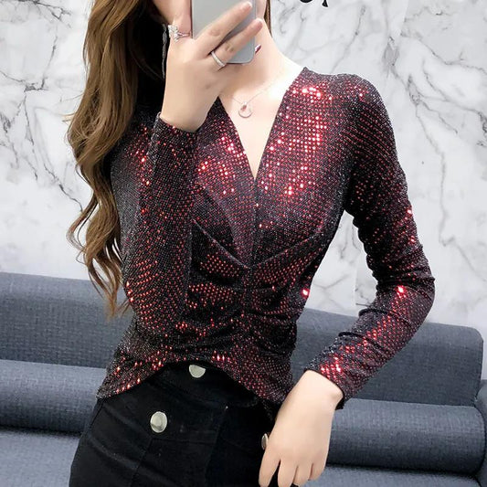 Women's Spring and Autumn Long-sleeved Top V-neck Slim Bottoming Shirt
