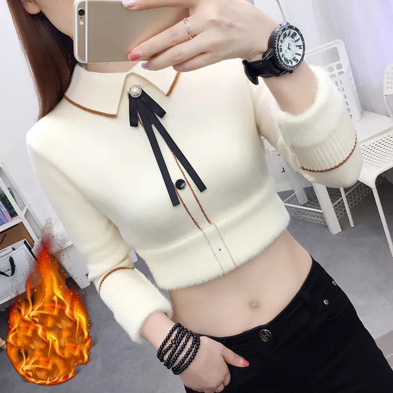 Winter Ladies Plush Thickening Sweater All-in-One Velvet Doll Collar Pearl Bottoming Shirt Elastic Slim Large Size Pullover