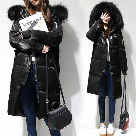 Bright Face Big Fur Collar Winter Coat Thick Mid-length Down Jacket Women