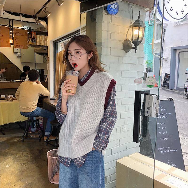 Pofulove Spring Autumn Korean Vest Knit Sweater V-neck Loose Vest Sweater Female Students Lazy Top