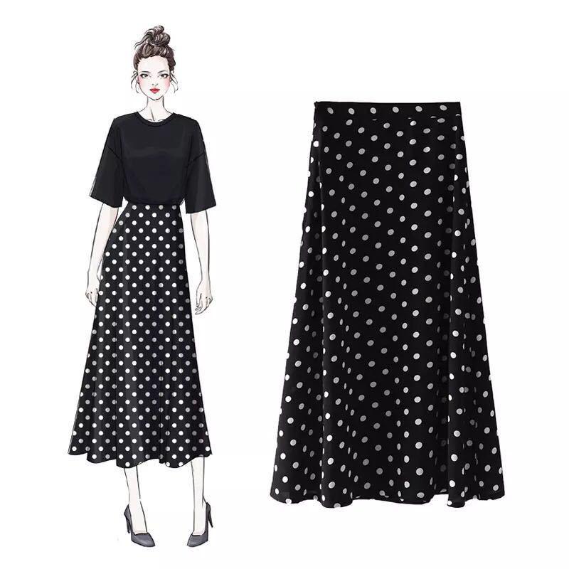 Spring Summer Polka Dot Skirt Floral Black Elegant Maxi Office Zipper Skirts with Lining Plus Size